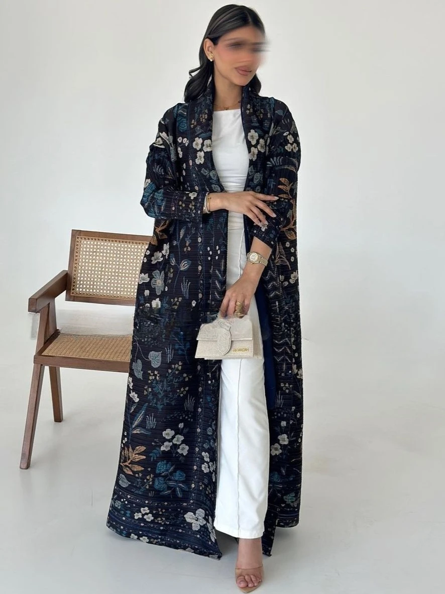 Miyake Plissee Abaya Umlegekragen Vintage Gedruckt Langarm Kleid Frauen 2025, Neue Designer Abayas Mode Lange Lose Mantel