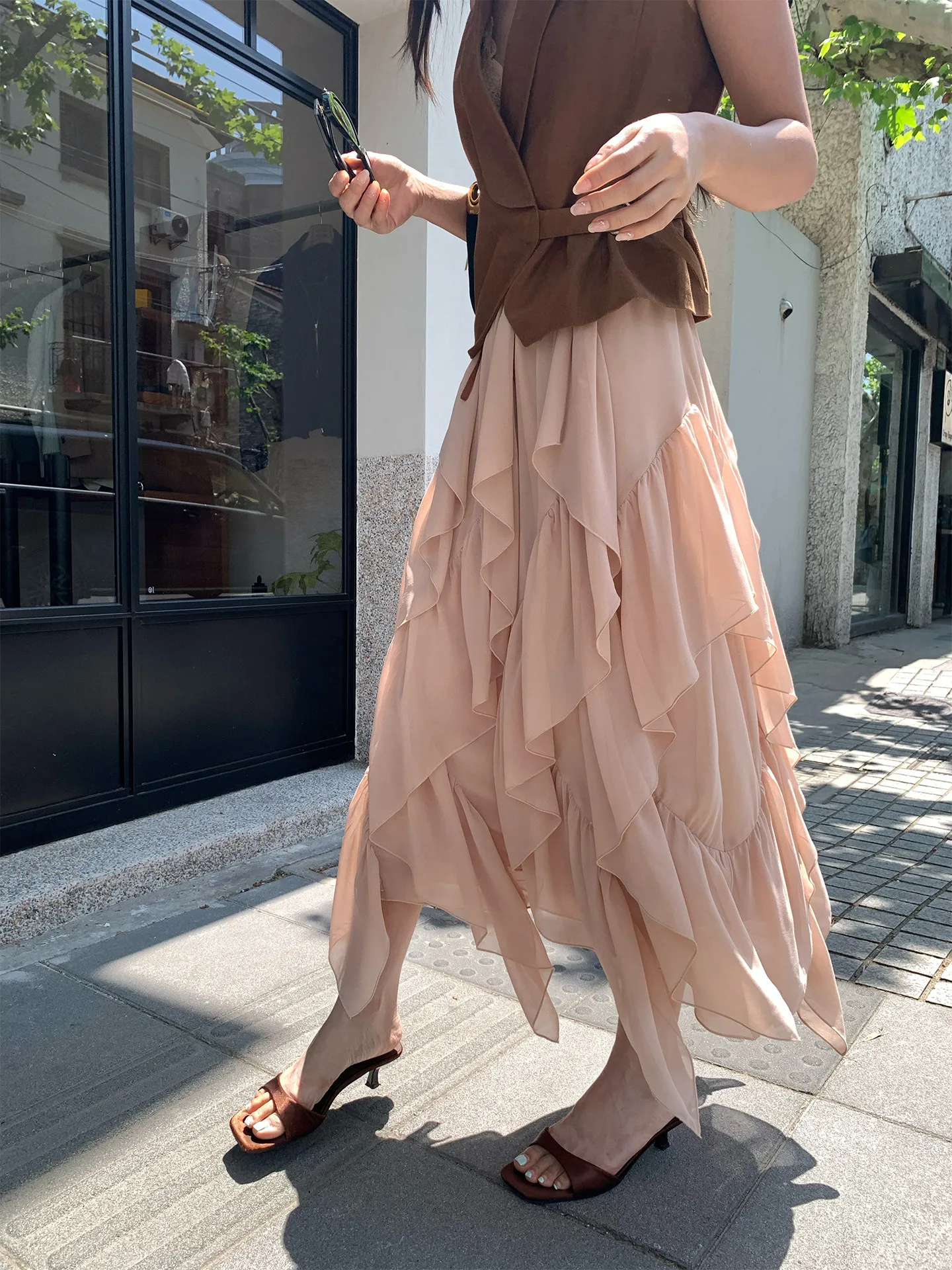 【MAR】 Women Summer Elegant Long Skirt Soft Style Irregular Ruffle Layered Commute Bottom