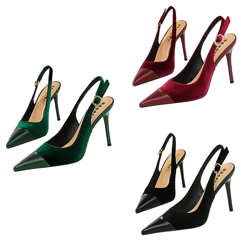 Women 9.5cm High Heels Splicing Pointed Toe Back Strap Catwalk Pumps Lady Classic Flock Stiletto Wine Red Green Prom Retro Shoes