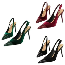 Donne 9.5cm tacchi alti Splicing punta a punta cinturino posteriore décolleté da passerella Lady Classic Flock Stiletto vino rosso verde Prom scarpe retrò