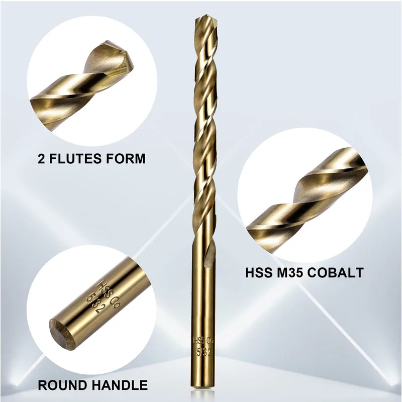 Cobalt Drill Bits Set M35 High Speed Steel Twist Jobber Length for Hardened Metal, Stainless Steel, Cast Iron and Wood Plastic