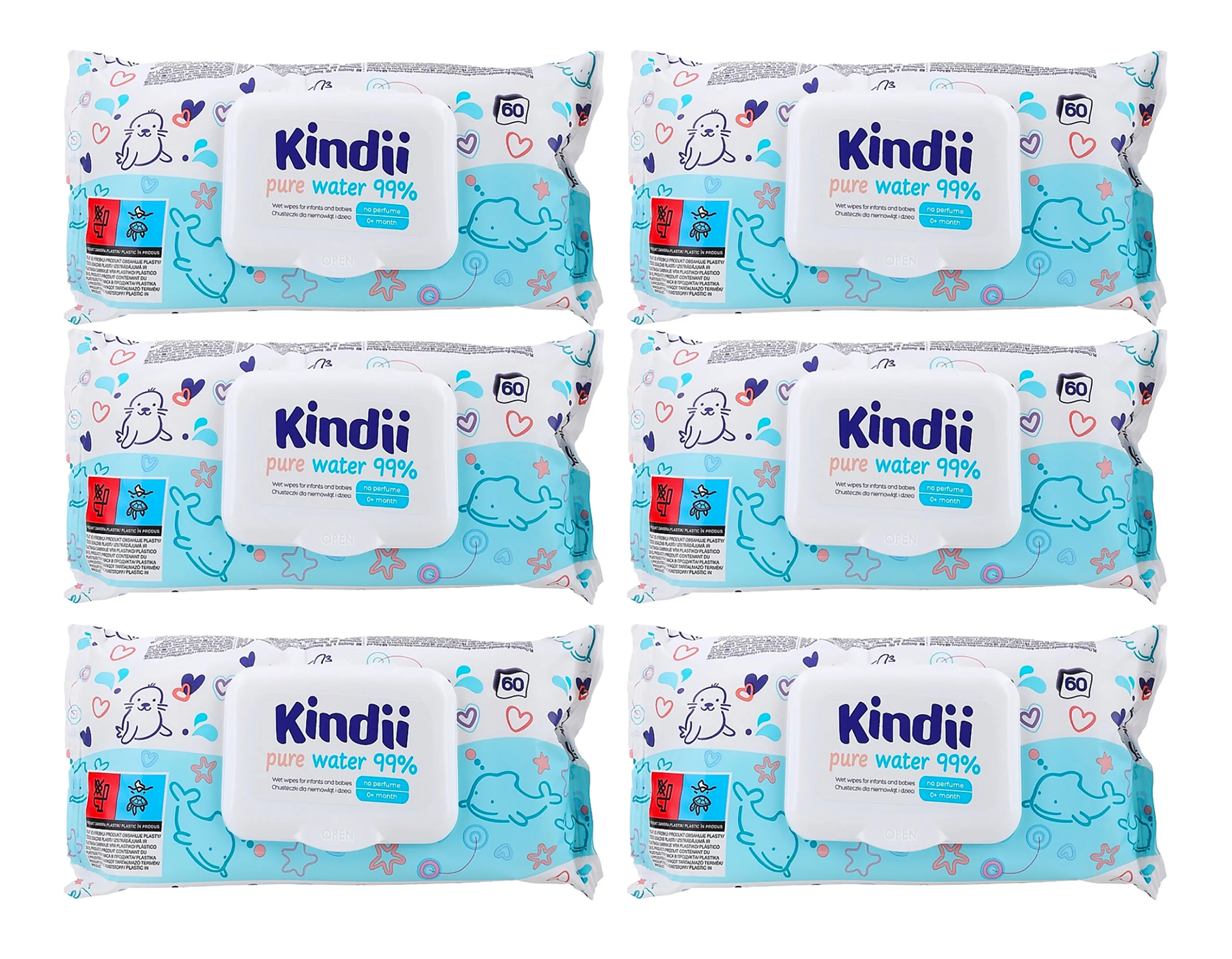 Kindii Pure Water Chusteczki nawilżane dla niemowląt - Woda o Czystości 99% x6 - 360 szt