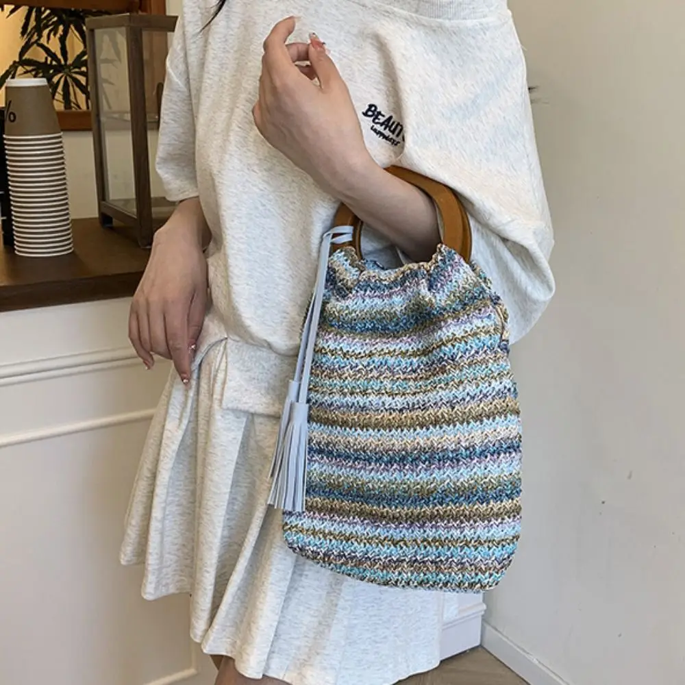 

Casual Bohemian Style Rainbow Woven Handbag Hollow Out Beach Woven Crochet Bag Sweet with Tassel Underarm Bag Shopping