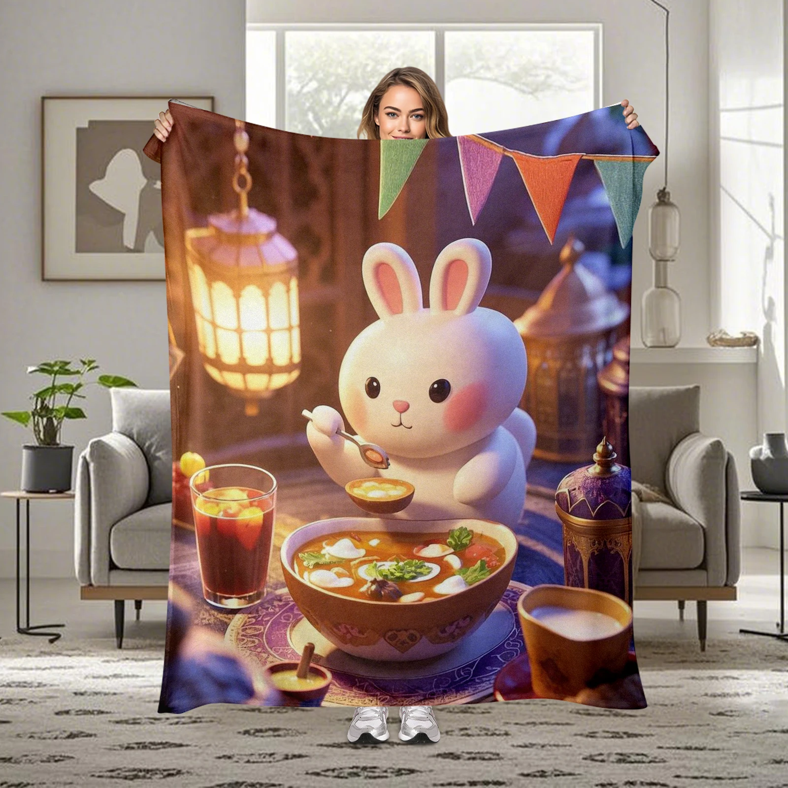 

Memorial Blanket Featuring Cartoon Rabbits Traditional Foods And Lantern Patterns Ideal For Home Gatherings