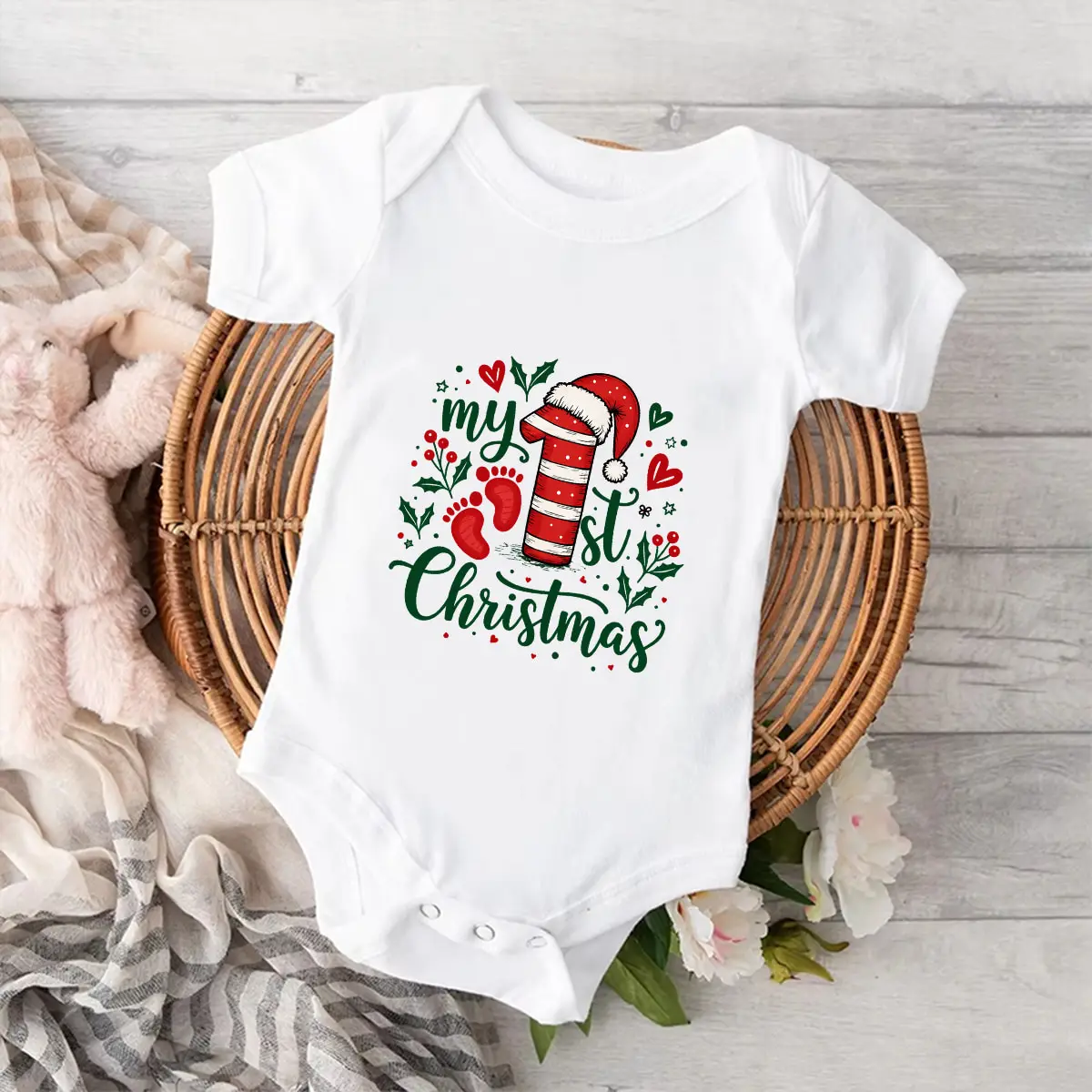 My 1st Christmas Baby Bodysuit Striped Number 1 Baby Footprint Print Newborn Romper Short Sleeve Infant Jumpsuit Xmas Baby Gift