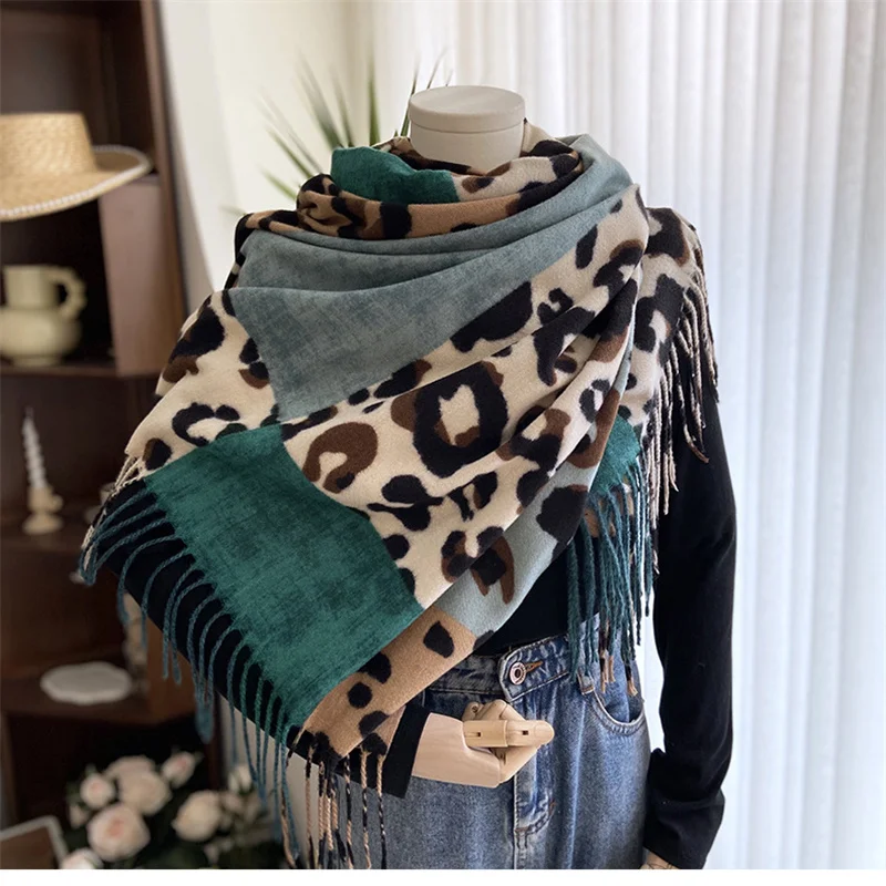 Stylish Faux Fur Leopard Print Wrap Shawl - Wraps & Pashminas - Soft, Warm, and Trendy Long Scarf with Fringe For Women Cashmere