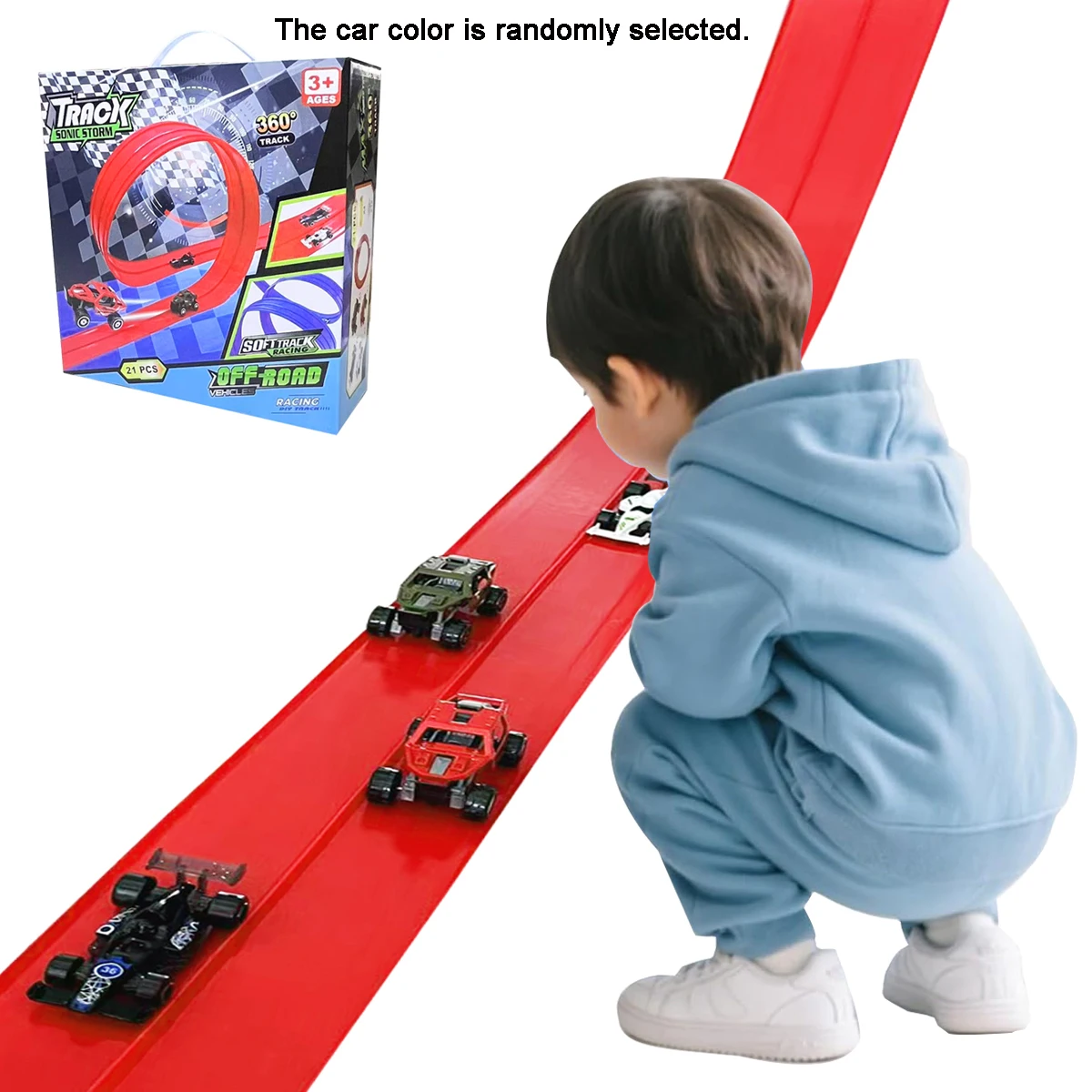 Conjunto de partida clássico Red Track, trilho flexível para rampa de carro de corrida para maiores de 3 anos com ventosas compatíveis com carros 1/64