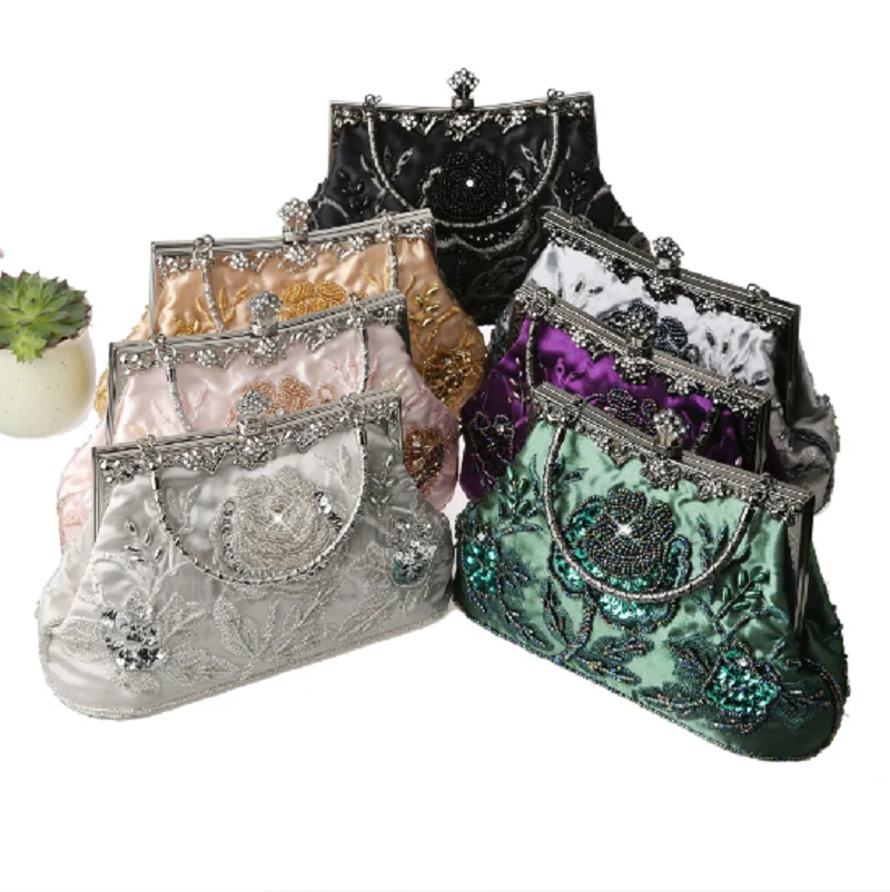 

New Women's Fashion Embroidered Bead Flower Clutch Bag Chains Shoulder Bags Wedding Party Cosmetic Bag Phone Purse Handbag