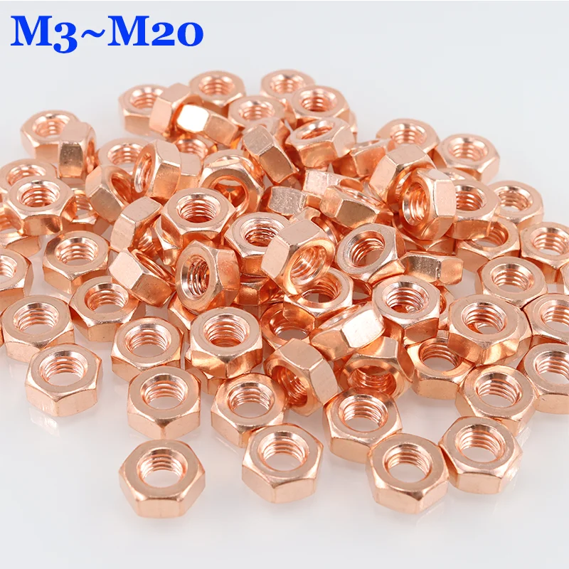 T2 Copper Hex Nut M3 M4 M5 M6 M8 M10 M12-M20 High Temperature Conductive Conduction Heat Transfer Hexangon Nuts for Screw Bolt