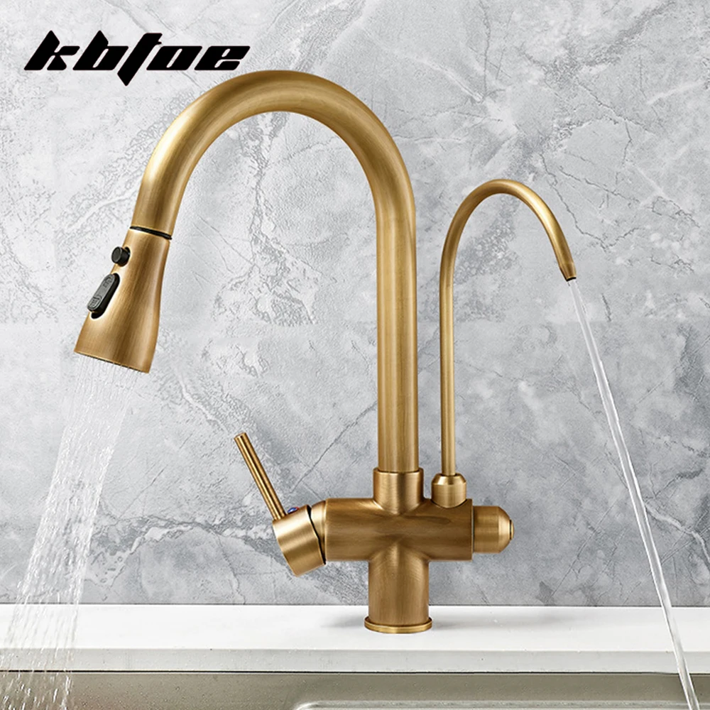

Antique Brass Vessel Sink Kitchen Mixer Tap Deck Mounted Filtered Crane Pull Out Cold Hot Water 360 Rotation Vintage Faucet