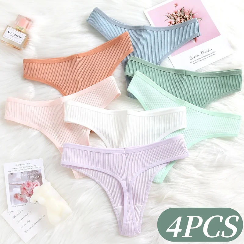 4Pcs/Set Women Cotton Panties Sexy V-Waist Thongs G-string Female Underpants Solid Color Comfortable T-back Lingerie M-XXL