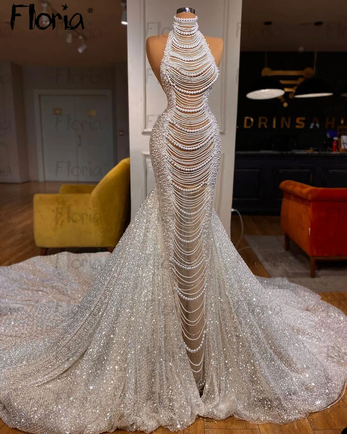 Floria White Pearls Tassel Wedding Dress Long Mermaid Illusion Bridal Gowns Plus Size Long Sleeve Luxury Wedding Gown Customized