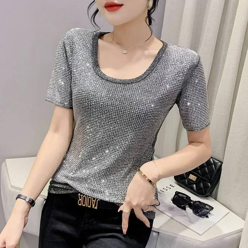 

2022 Summer Heavy Industry Hot Drill Slim Fit T-shirt Women's Fashion Temperament Round Neck Short Sleeve Bright Diamond Top