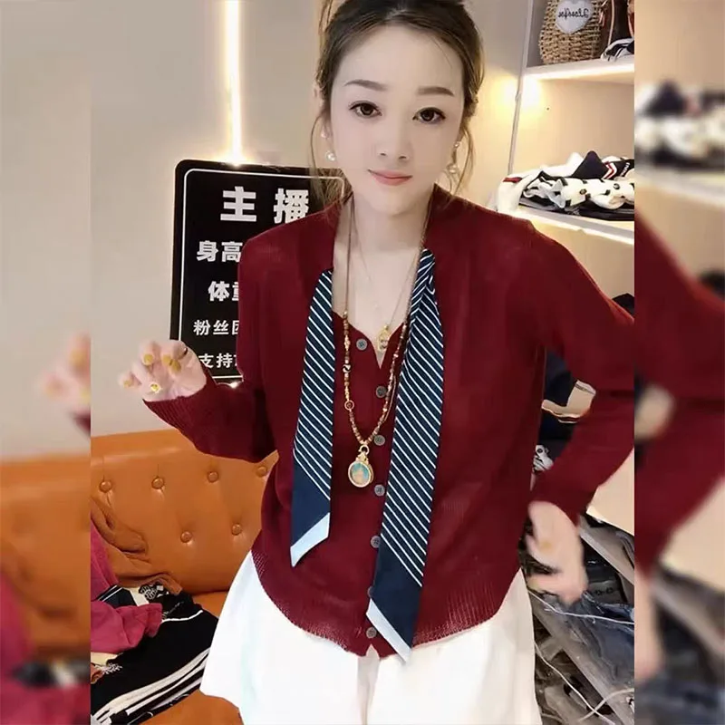 

Women fashion simple Striped silk scarf Long Sleeve Thin Sweaters Autumn Comfortable soft Vintage Knitted Cardigan