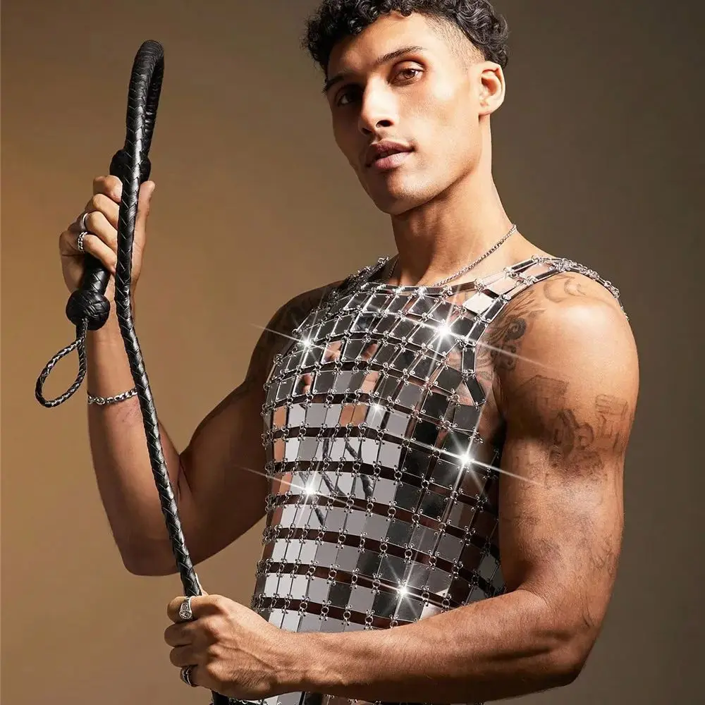 Men's Acrylic Mirror-Finish Cutout Vest Futuristic Geometric Cutout Sexy Top Stage-Ready Men's Light-Reflective Battle Suit