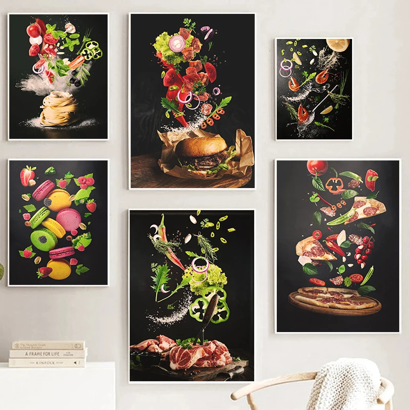 Póster de cocina y cocina Vintage, pintura en lienzo, ensalada, Pasta, hamburguesa, ingredientes, comida, arte de pared, decoración de restaurante de cocina