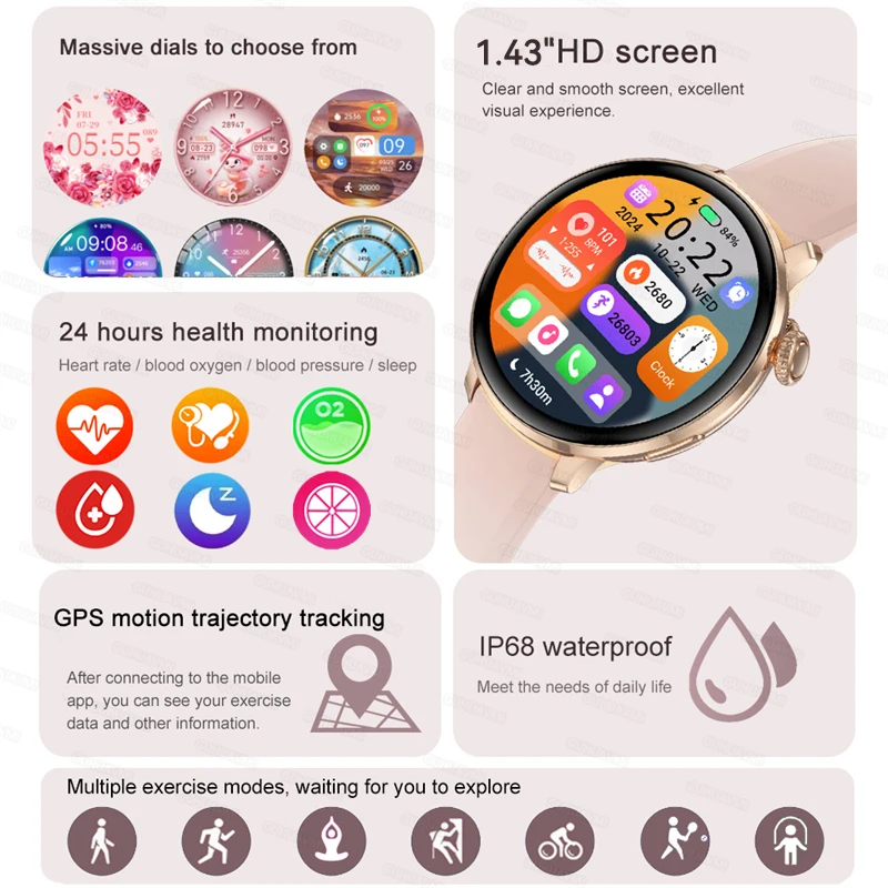 For Female IOS Women Watch 4 Mini Smart Watch AMOLED NFC Heart Rate Clock BT Call GPS Lady Smartwatch for Women pink Custom dial