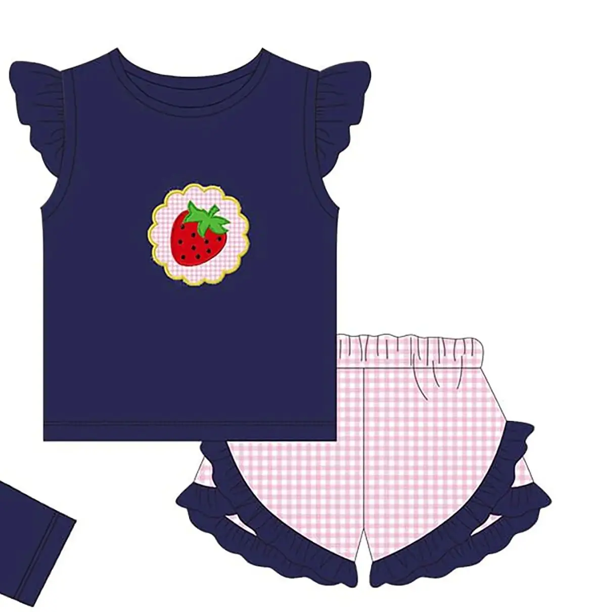 Boutique Girl Boy Strawberry Outfit Set Ruffle Sleeve Tee Gingham Shorts Cute Summer Fruit Pattern Casual Clothes