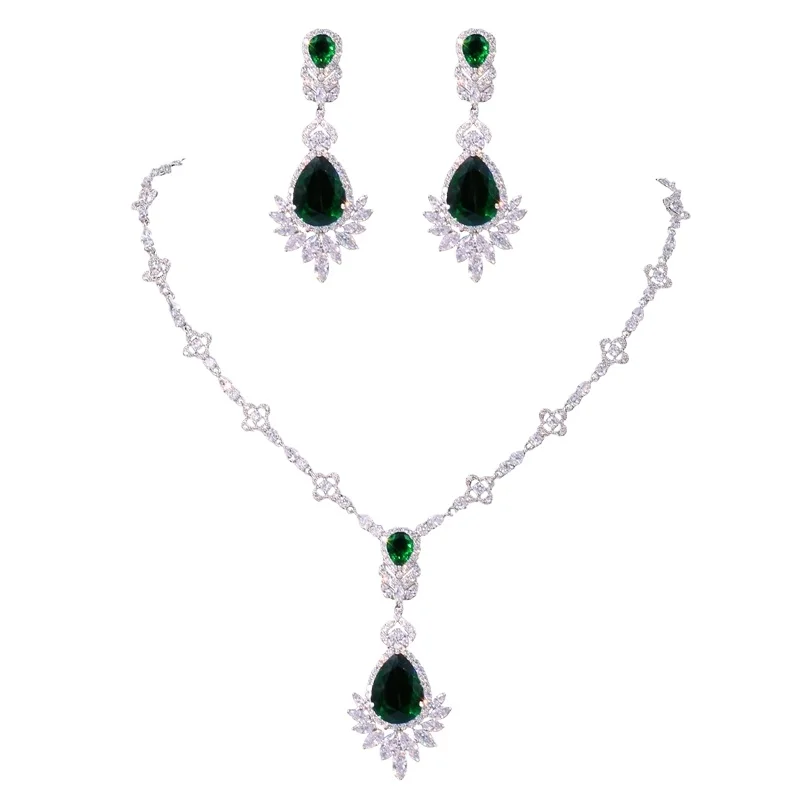

Bridal Luxury Emerald Chain Set Blue Zircon Necklace Earrings Set Wedding Jewelry