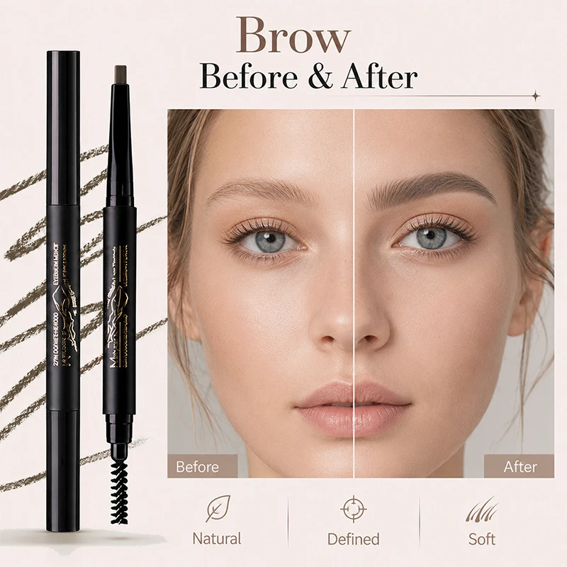 2-in-1 Dual-Ended Eyebrow Pencil & Spoolie Brush, Retractable Brow Pencil with Slim Precision Tip for Hair-Like Strokes, Natural Brow Definer for Shaping, Filling & Blending, Micro Brow Makeup Pen, 4 Shades Black Gray, Gray Brown, Deep Coffee, Light Coffe