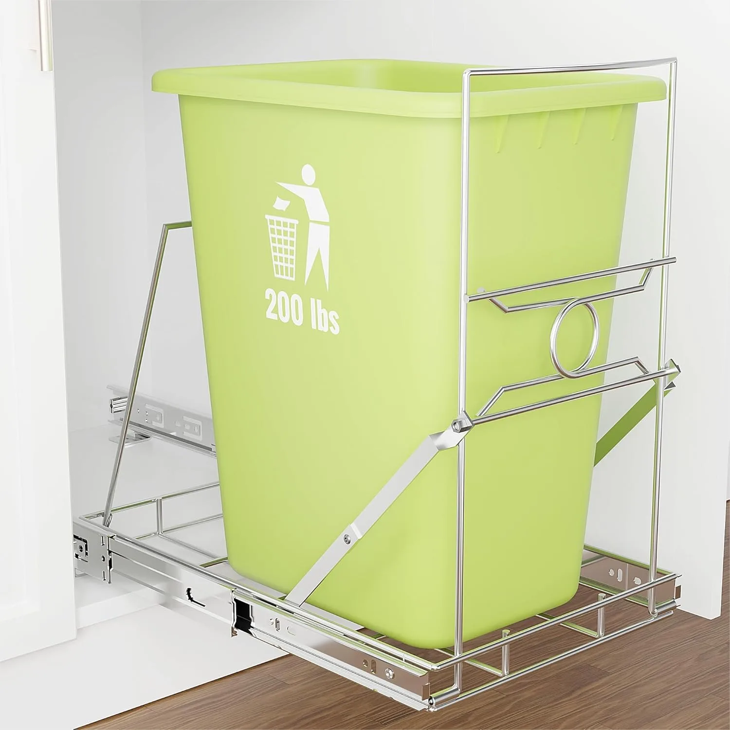 

Heavy-Duty Pull-Out Trash Can Holder for 7-11 Gallon Bins, Upgraded Stainless Steel Slide-Out Cabinet Organizer with