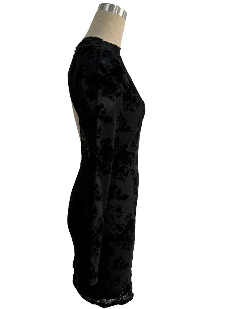 Kricesseen ​ Sexy Schwarz Strömten Floral Mesh Mini Kleid Frauen Elegante Lange Hülse Open Back Bodycon Party Kleid Nigh Out Vestidos