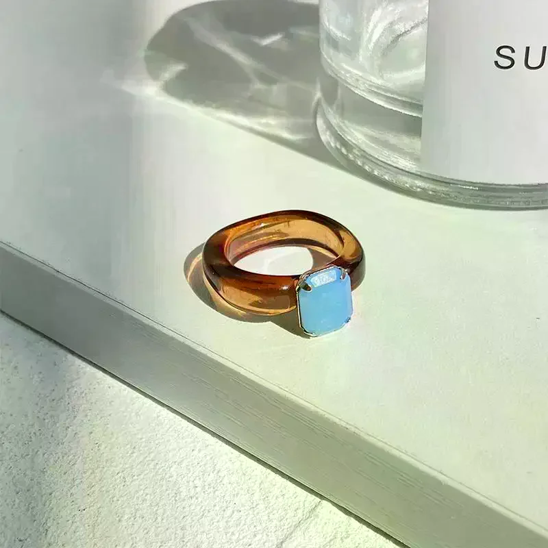 Women Resin Zircon Ring Fashion Simple Sweet Style Colorful Stones  for Birthday Party Jewelry
