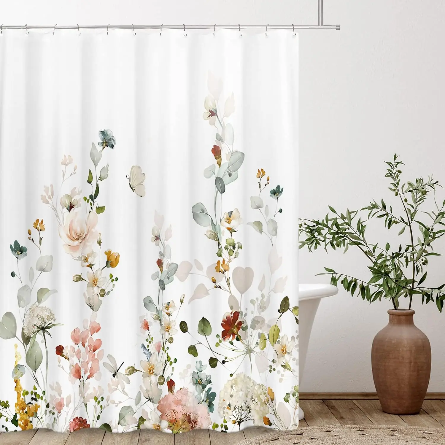 Watercolor Floral Shower Curtain – Pink & Red Blooms, Elegant Botanical Design, Tropical Bathroom Decor