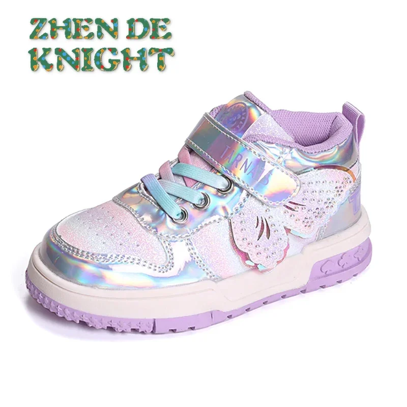 2024 Fall New Fashion Girls Rhinestone Butterfly Casual Shoes Children\'s Flat Bottom Student Running Shoes