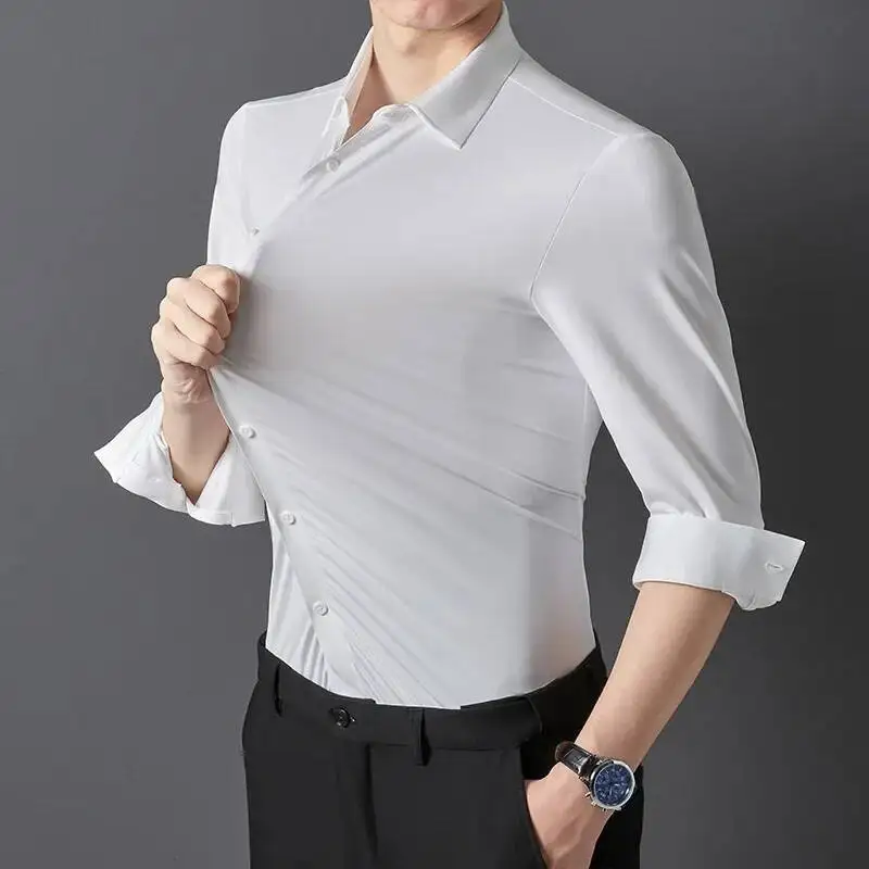 Men's Short Sleeve High Elasticity Four Sides Iron Free Anti Wrinkle Smooth Silk Like Texture European Size Seamless Shirt