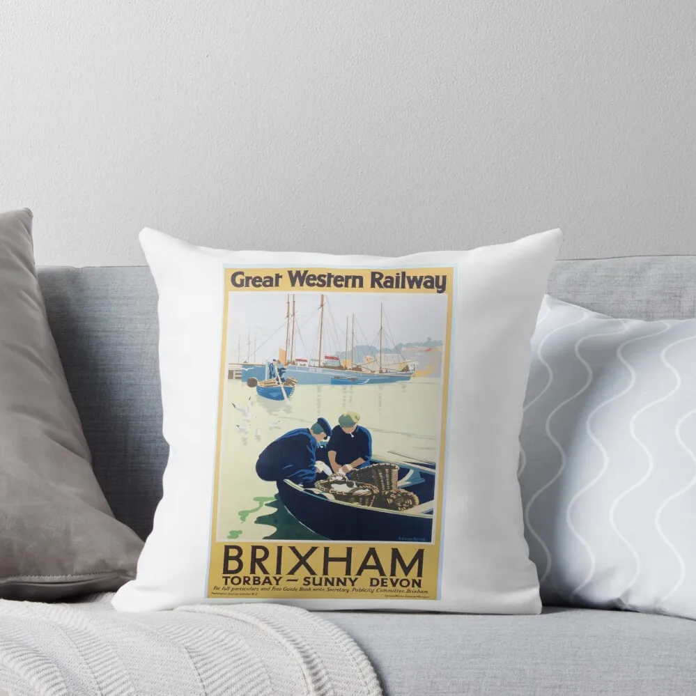 Vintage Great Western Railway Travel Poster for Brixham, Devon Throw Pillow Throw Pillow luxury throw pillow covers