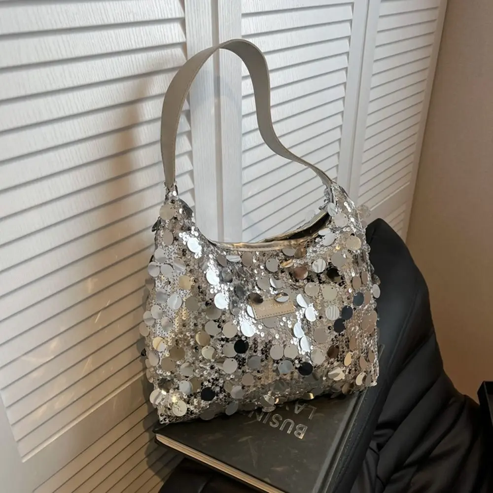 Fashion Evening Bag Sequin Tote Bag Purse Make Up Bag Blingbling Handbag Mobile Phone Bag Underarm Bag Silver Shoulder Bag Girls