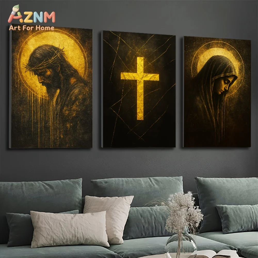 1pc/3pcs Canvas Wall Art Featuring Jesus And The Virgin Mary with a Golden Cross Design, Religious Faith Decor