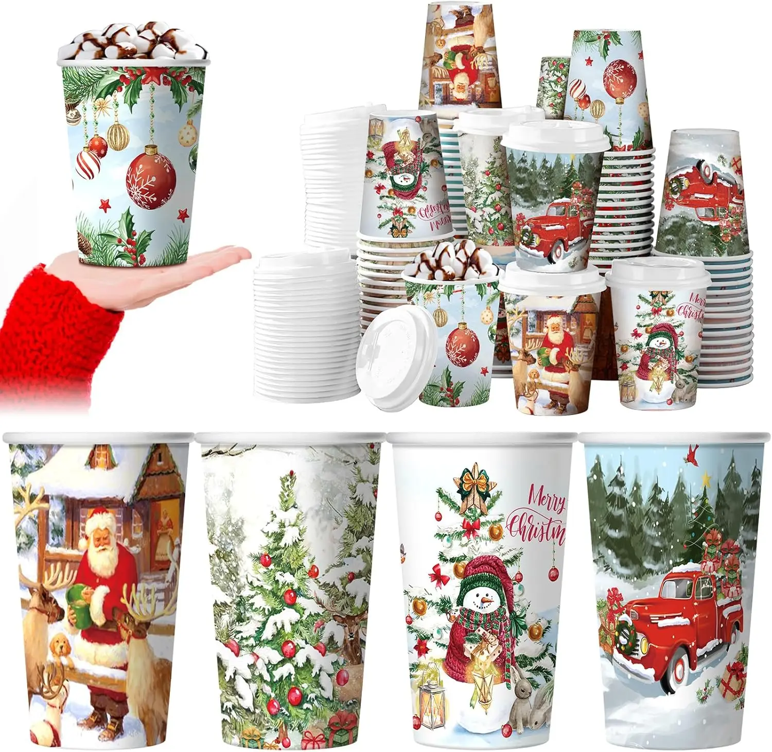 

100 Set Christmas Paper Cups Disposable 12 oz with Lids Hot Chocolate Cups Coffee Cups Holiday Hot Cups for Hot and Cold
