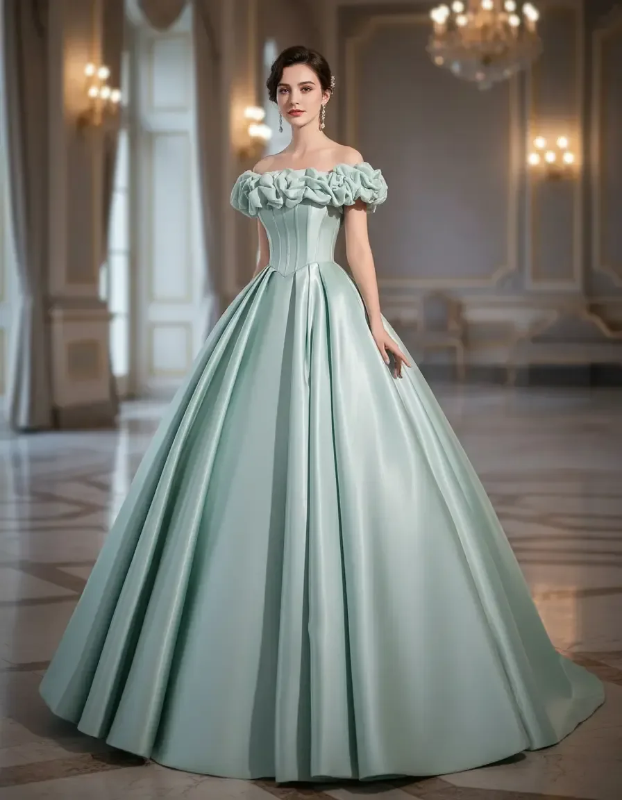 Light Green Off-the-shoulder Satin Ball Gown with Corset Bodice for Quinceanera Prom Graduation Evening Party Dress