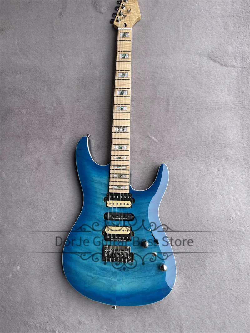 Blue Electric Guitar Mahogany Body Flamed Maple Top Flamed Maple Fingerboard Fixed Bridge Chrome Tuners Acrive Battery