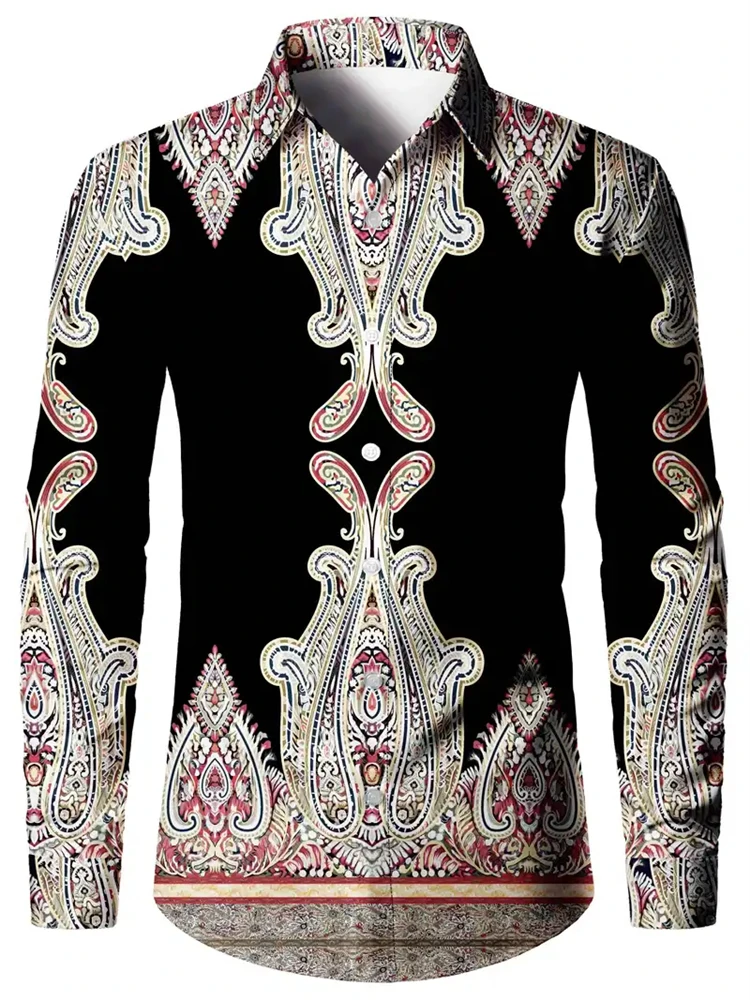 2024 New Men\'s Retro Fashion Classic Shirt Four Seasons Essential Casual Lapel Button Down Shirt Men\'s Ethnic Print Party Shirt