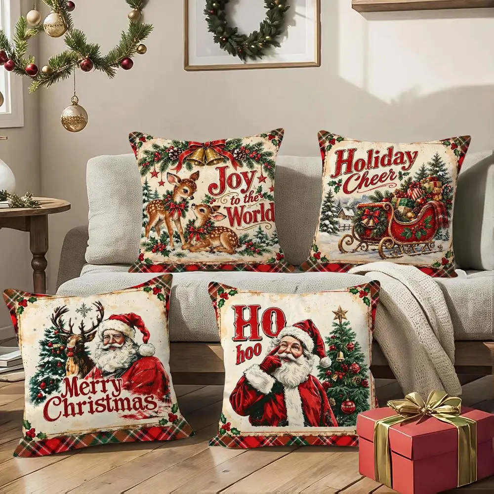 Vintage Red and Green Plaid Santa Claus Cushion Cover Square Decorative Sofa Pillow Case Bedroom Living Room Home Decor Gift