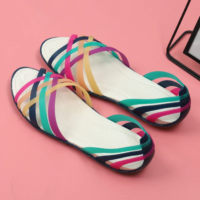 

Женские прозрачные сандалии на плоской подошве, летние нескользящие непромокаемые сандалии Beach oes Faion с цветной полосой и кристаллами, пластиковые сандалии