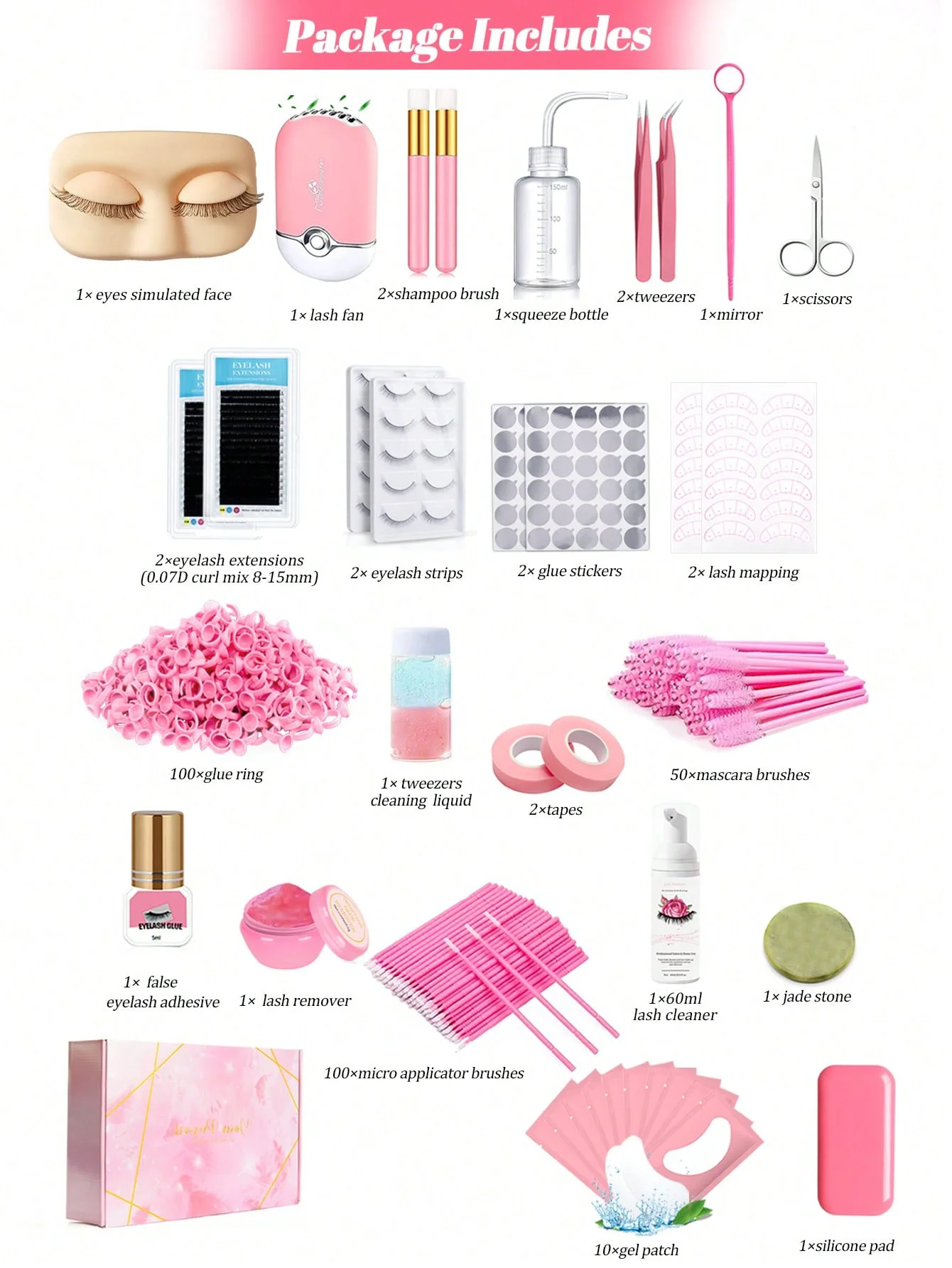 Professional Lash Extension Supplies Kit Eyelash Grafting Training Tools with Lash Fan, Extension Glue, Tweezers, Mannequin Head