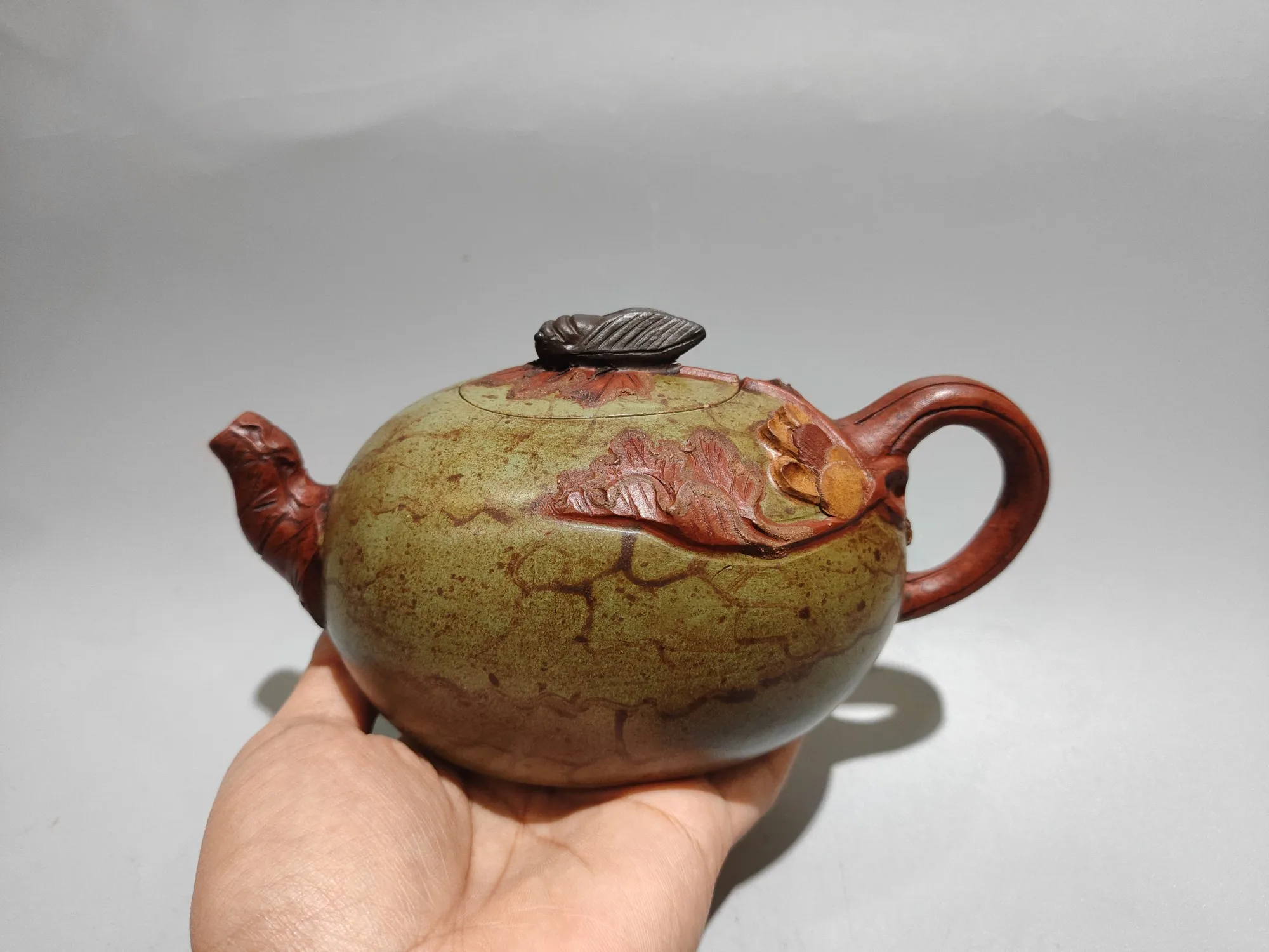 Old Chinese Handicraft Enameled YiXing Zisha (red stoneware) Teapot,watermelon shape, with mark, Free shipping