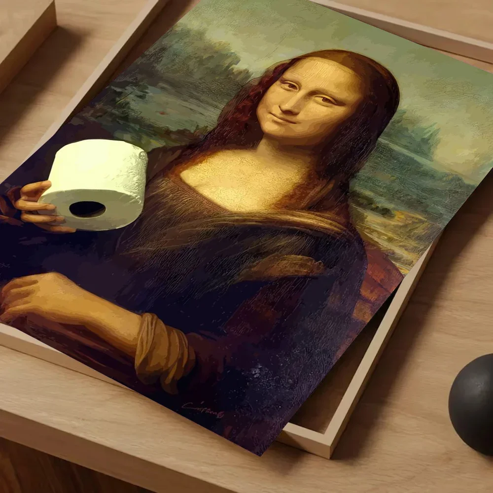 1pc zabawna toaleta Mona Lisa nosząca perły dziewczyna z rolką papierowy plakat samoprzylepna sztuka wodoodporna naklejka papierowa dekoracje ścienne — zdjęcie 4
