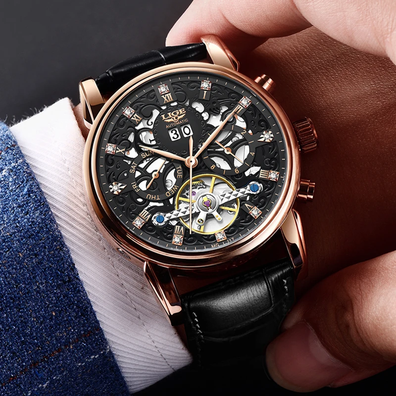 LIGE Fashion Business Watch Top Brand Luxury Waterproof Mens Mechanical Watches Leather Watch Sports tourbillon Wristwatch Men