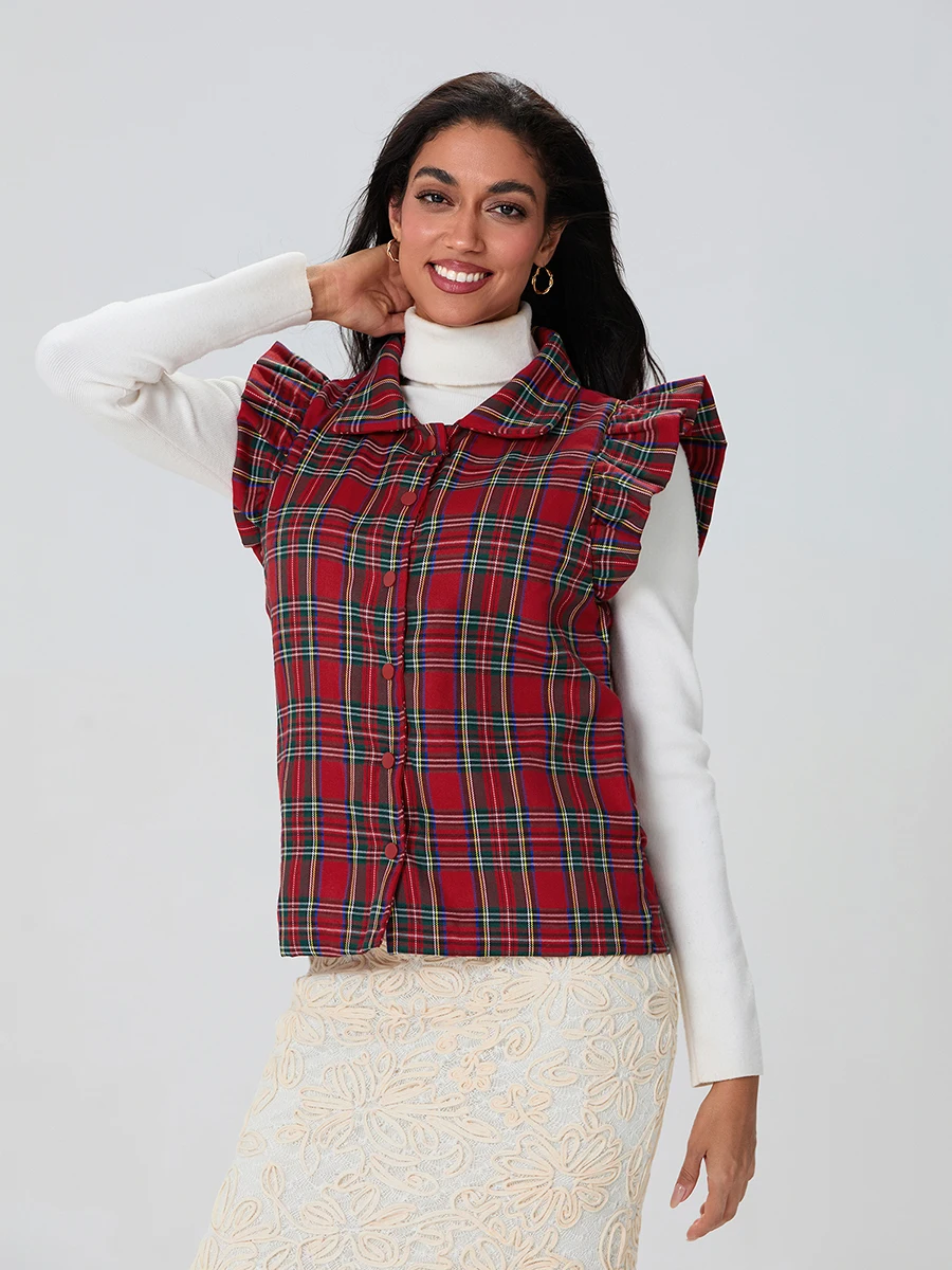 Women s Christmas Plaid Cotton Vest Turtle Neck Snap-up Flutter Sleeve Casual Lightweight Waistcoat