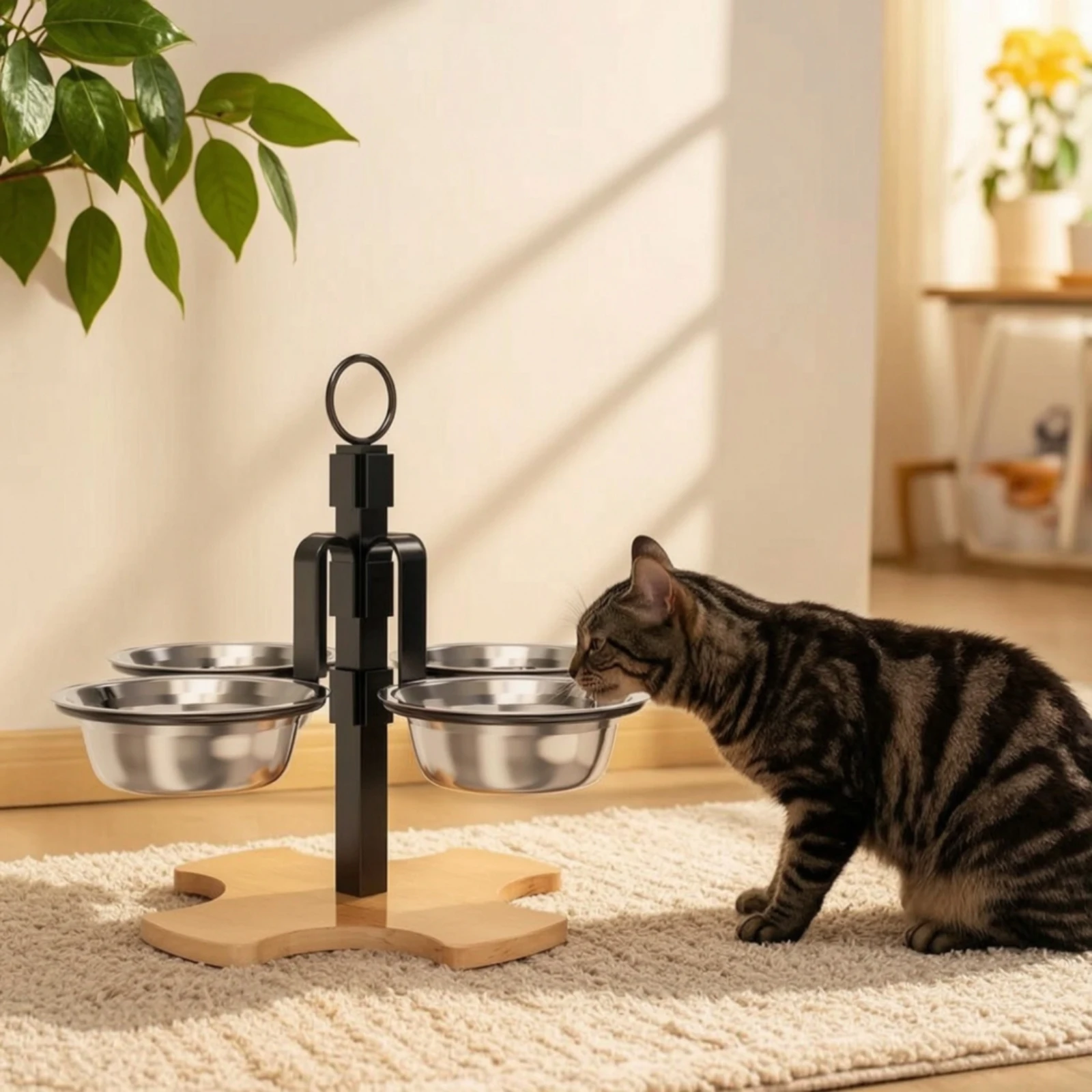Raised Cat Bowl Holder with Four Bowls Space-Saving Cat Bowl Stand Elevated Pet Feeder Long-Lasting Raised Pet Feeding Station