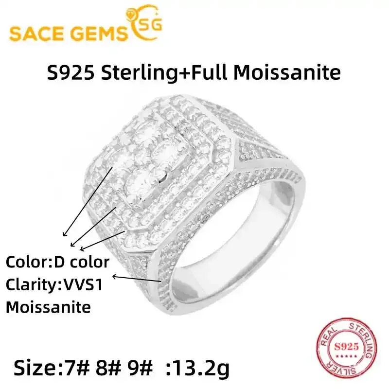 SACE GEMS GRA Gecertificeerde D Kleur Volledige Moissanite Ring voor Vrouwen Mannen S925 Sterling Zilveren Bruiloft Diamant Luxe Fijne Sieraden