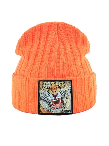Nueva moda gorros de punto con parche de tigre bordado gorros de Hip Hop gorros de esquí de Color sólido de punto de invierno para hombres y mujeres
