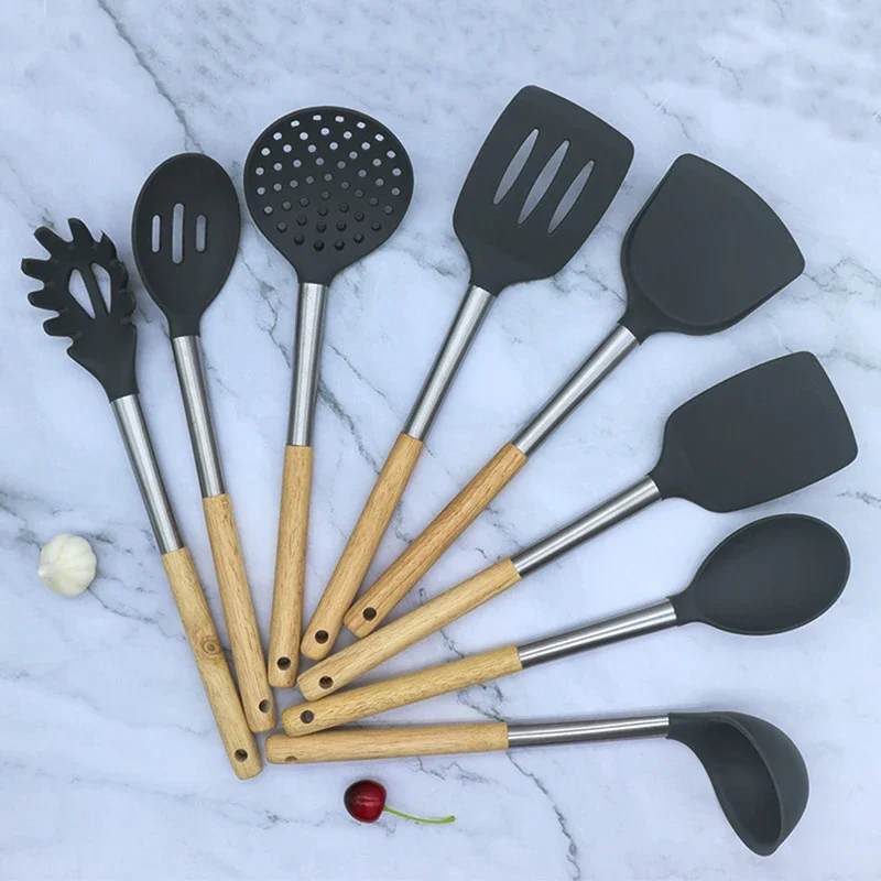 

Силиконовая кухонная утварь с антипригарным покрытием, термостойкая посуда, набор кухонной утвари, лопатка, ложка, набор инструментов для приготовления пищи с деревянной ручкой