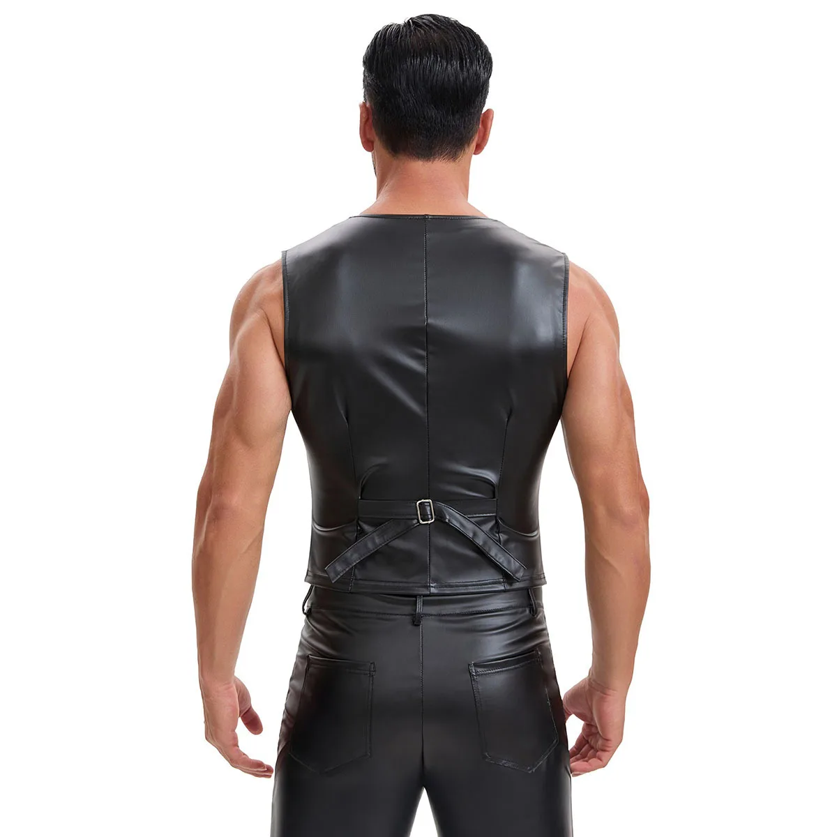 Men's Faux Leather V-neck Tank Top Single-breasted Short Sleeve Vest for Gym Nightclub Stage Wear Sexy Summer Undershirt