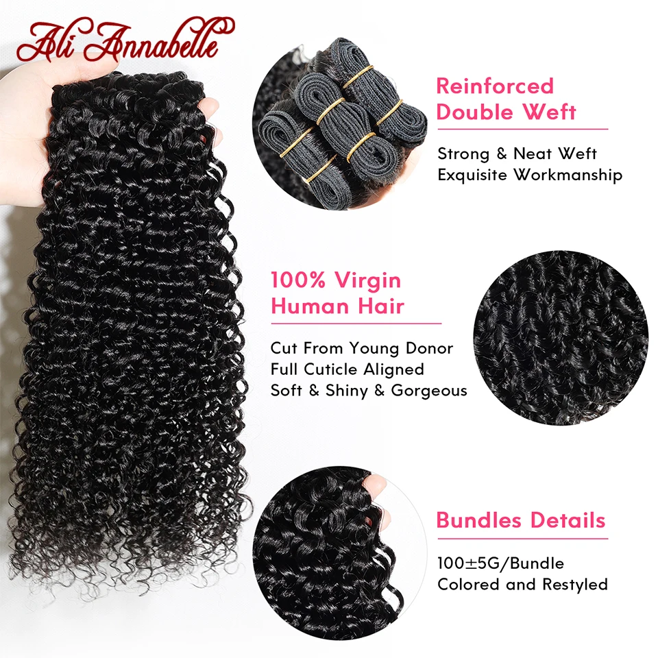 ALI ANNABELLE HAIR Brazilian Curly Hair Bundles 100% Human Hair Weave Bundle 1/3/4 Pieces Natural Color Remy Kinky Curly Bundles